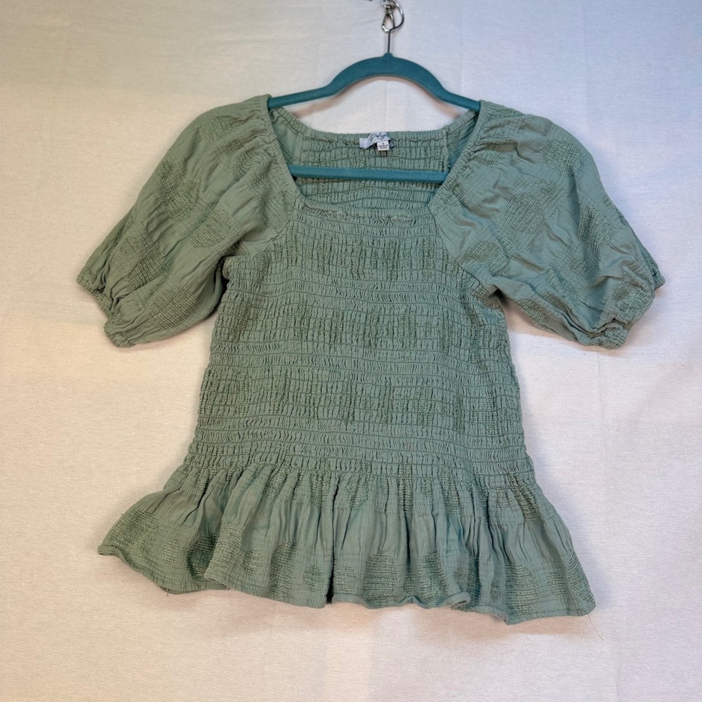 Polagram Sage Green Smocked Puff Sleeve Peplum Top PST7325 Small